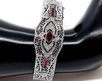 Rare, Antique HELGIN MFG CO. Edwardian Ruby Red Navette and Baguette, and Crystal Clear Chaton Rhinestone Hinged Bangle Bracelet