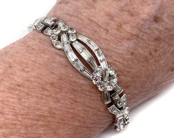 Lovely Signed BOUCHER Crystal Clear Baguette, Keystone and Chaton Rhinestone Rigid Centrepiece Bracelet - Inventory #5081