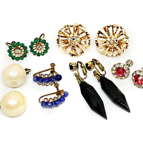 DETASH - Lot of Six Pairs Clip & Screw-on Vintage Earrings (Two Signed) - Rhinestones, Cabs, Faux Pearls - Black, Blue, Green, Pink, Cream