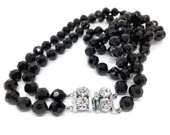 Signed AUSTRIA Jet Opaque Black Faceted Two-Strand Beaded Necklace with Crystal Dentelle Rhinestone Clasp - 1960s