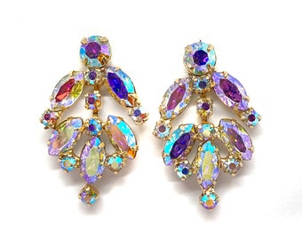 Gorgeous Crystal Aurora Borealis Navette and Chaton Rhinestone Dangle / Drop Screw-On Earrings