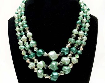 Signed JAPAN Shades of Green Free-Form and Bi-Cone Bead, and Light Gold-Tone Floral Bead Cap Three-Strand Vintage Necklace