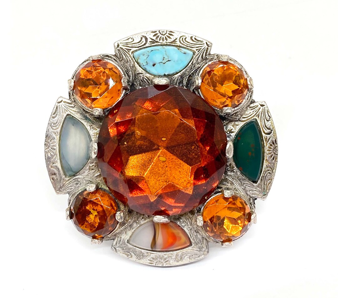 Broche Vintage Signée DLH En étain Et Strass - Années 70, Manque Un Strass