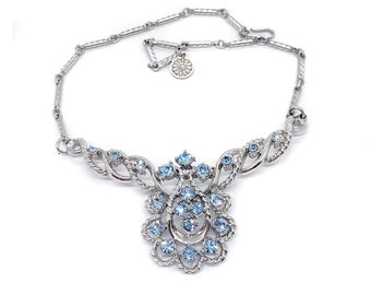 Mid-Century Light Sapphire Round Rhinestone Centrepiece Silver-Tone Necklace