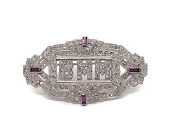 1920s-30s Art Deco Amethyst Baguette and and Crystal Clear Chaton Rhinestone Initial Brooch - "BMM"