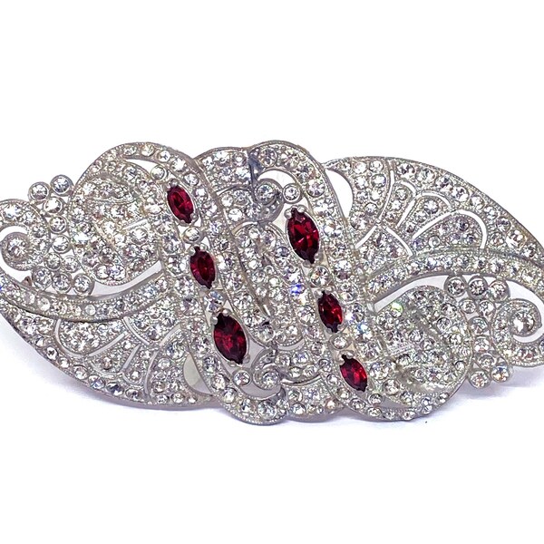 Exceptional, Large and Ornate Ruby Navette and Crystal Clear Rhinestone Rhodium-Plated Art Deco / Nouveau Brooch