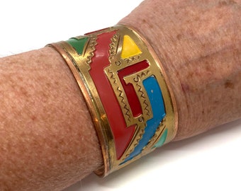 Vintage COBRE Made in Mexico Brass and Copper with Red, Yellow, Green and Blue Enamel Cuff Bracelet