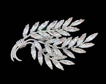 SHERMAN Signed Crystal Clear Skinny Navette Rhinestone Leaf Design Brooch