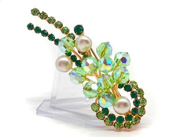 Shades of Green - Emerald, Peridot and Peridot AB - Rhinestone, Faux Pearl and Faceted Glass Bead Floral Gold-Tone Vintage Brooch