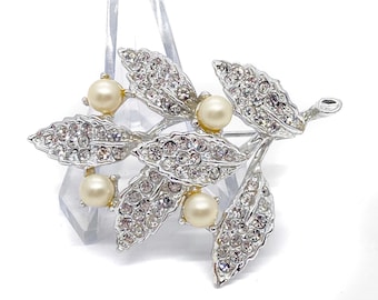 GOLDETTE Cream Faux Pearl and Crystal Clear Rhinestone Silver-Tone Leaf Motif Vintage Brooch - Signed