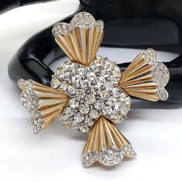Gorgeous Signed ALBERT Crystal Clear Rhinestone, and Gold and Rhodium-Plated Stylized Maltese Cross Vintage Brooch - Rare Signature