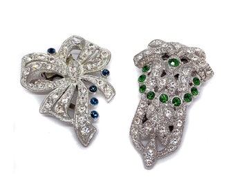 Unmatched Pair of Art Deco  / Nouveau-Era Crystal and Montana Sapphire and Tourmaline Rhinestone Dress or Fur Clips - Unsigned