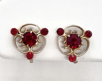 Feminine and Dainty Siam Red Rhinestone Floral-Like Vintage Screw-On Earrings