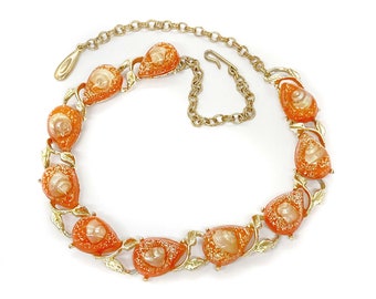 Fantastic Bright Orange Thermoset Shell and Giltter Cabochon Vintage Link Necklace