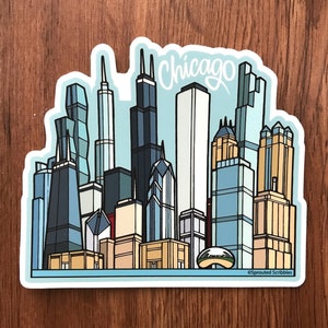 Sticker Chicago - Sticker vinyle imperméable de 3,5 pouces sur les toits de la ville, décalcomanies de voyage pour ordinateur portable, bouteille d'eau, souvenir pour pare-chocs illustré