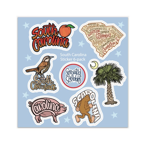 SC Sticker Sheet - South Carolina MINI 6 stickers total (2.5" to 3" each)