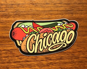 Chicago Sticker - 3.5", 4” or 5" Hot Dog Travel Food - Waterproof Vinyl Decal - Laptop Water Bottle Bumper Cute Graphic Illustrated