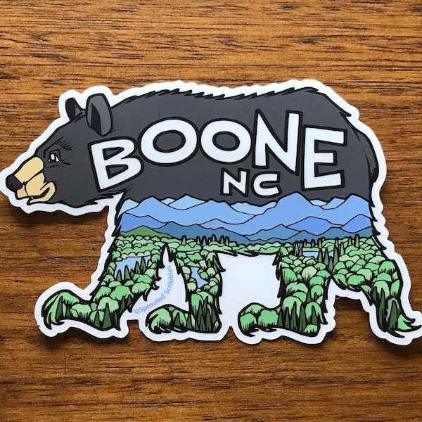 Boone Sticker - 4.5" Mountain Bear NC Travel Waterproof Vinyl Decal Laptop Water Bottle Bumper Decal Illustrated Ridge Line Graphic Art