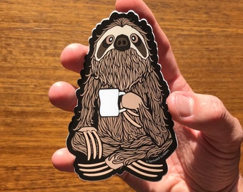 Coffee Sloth Sticker - 3.5", 4", or 4.5" Waterproof Vinyl Decal Cute Funny Animal Laptop Water Bottle Decal Cute Illustrated Bumper Decal