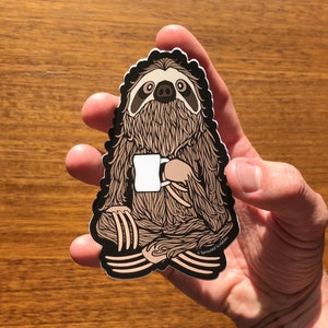 Coffee Sloth Sticker - 3.5", 4", or 4.5" Waterproof Vinyl Decal Cute Funny Animal Laptop Water Bottle Decal Cute Illustrated Bumper Decal