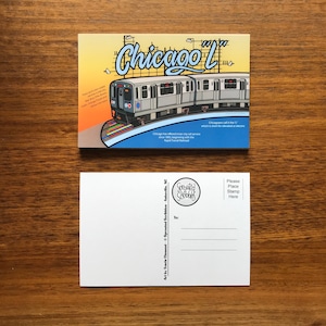 Chicago Postcards (2) - 6" x 4" El Transit City Gift Travel L Train Souvenir Graphic Illustrated Train Souvenir Chicago Trip