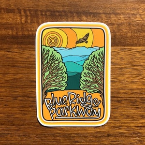 Blue Ridge Sticker - 4.25" Parkway Sunrise Trees Mountains NC VA - Waterproof Vinyl Decal - Laptop Water Bottle Bumper