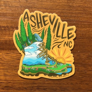 Asheville Sticker - 3.5" or 4.1" Waterproof Vinyl Decal Mountain Hiking Boot Forest Design Laptop Cute Illustrated Water Bottle Decoration