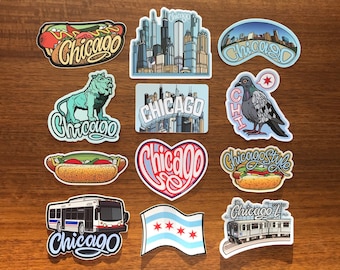 Chicago Sticker - 3.2" to 4.5" Illinois Travel City - Waterproof Vinyl Decal - Hot Dog Graphic Laptop Water Bottle Illustrated Collection