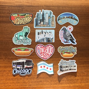 Chicago Sticker - 3.5" to 4.5" Illinois Travel City - Waterproof Vinyl Decal - Hot Dog Graphic Laptop Water Bottle Illustrated Collection