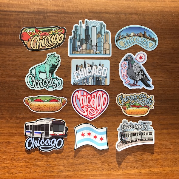 Chicago Sticker - 3.5" to 4.5" Illinois Travel City - Waterproof Vinyl Decal - Hot Dog Graphic Laptop Water Bottle Illustrated Collection