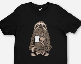 Coffee Sloth T-Shirt - (S, M, L, XL, XXL) 5 size variations Graphic Tee - Cute Funny Animal - Cotton Print to Order