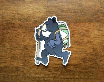 Pegatina para portátil o botella de agua con diseño de oso mochilero / Longitud: 3,5 pulgadas