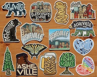 Pegatina de Asheville / Varios diseños / Calcomanía de viaje colorida / De 3 a 5 pulgadas