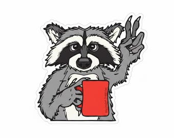 Coffee Raccoon Sticker | Hand Drawn Character Jimothy | Peace Sign, Red Mug | Weatherproof Vinyl