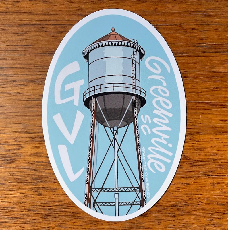 May include: A blue and white oval sticker featuring a drawing of a water tower and the text "GVL Greenville SC" in a white cursive font.