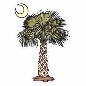 May include: A die-cut sticker featuring a stylized palmetto tree with olive green fronds and a textured brown trunk, accompanied by a pale yellow crescent moon in the upper left corner, all outlined in white against a plain background.