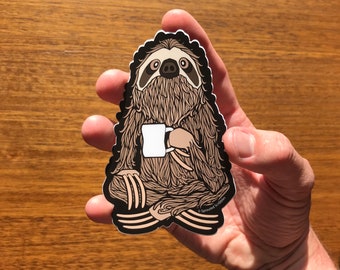 Coffee Sloth Sticker - 3.5", 4", or 4.5" Waterproof Vinyl Decal Cute Funny Animal Laptop Water Bottle Decal Cute Illustrated Bumper Decal