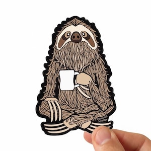 Coffee Sloth Sticker | Hand Drawn Original Character | Weatherproof Vinyl | Bulk Wholesale Available image 1