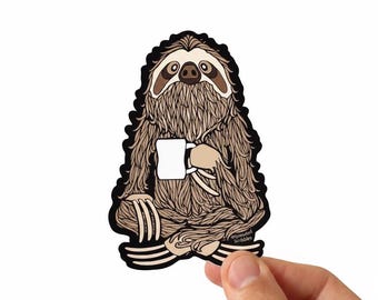 Coffee Sloth Sticker | Hand Drawn Original Character | Weatherproof Vinyl | Bulk Wholesale Available