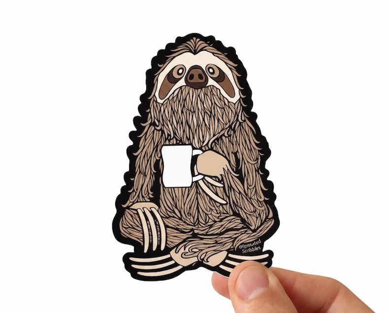 Coffee Sloth Sticker | Hand Drawn Original Character | Weatherproof Vinyl | Bulk Wholesale Available image 1