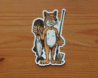 Pegatina de zorro pescador / Sosteniendo salmón / Vinilo resistente a la intemperie