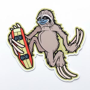 Skateboarding Sloth VEHICLE SIZED Sticker | Length 4.25 Inches
