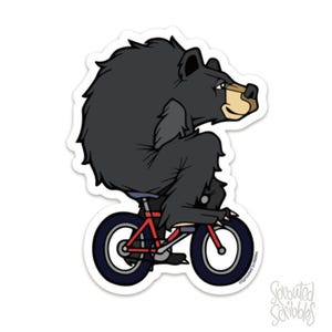 Biking Bear Sticker - 4.5&quot; Illustrated Animal Vinyl Decal Black Bear Riding Bicycle
