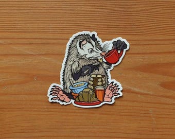 Pegatina de zarigüeya / Desayunando / Vinilo resistente a la intemperie