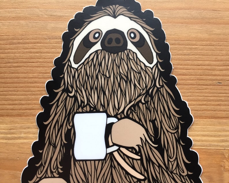 Coffee Sloth Sticker 3.5, 4, or 4.5 Waterproof Vinyl Decal Cute Funny Animal Laptop Water Bottle Decal Cute Illustrated Bumper Decal image 2