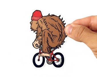 Yeti Biker Sticker | Hand Drawn Bigfoot on Bicycle Decal | Weatherproof Vinyl