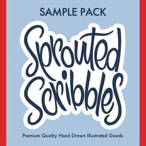 Könnte beinhalten: Ein rechteckiges Grafikdesign mit einem hellblauen Mittelfeld und einem roten Rand an der linken und rechten Seite. Der Text lautet oben SAMPLE PACK, in der Mitte Sprouted Scribbles in großer dunkelblauer Schreibschrift und unten Premium Quality Hand Drawn Illustrated Goods.