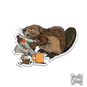 May include: A cartoon illustration of a beaver sitting on a log, reading a comic book and drinking coffee. The beaver is wearing a brown fur coat and has a brown nose and eyes. The comic book is open to a page with a colorful illustration. The coffee cup is orange and has a white handle. The beaver is sitting on a log with the text "Sprouted Scribbles" written on it.