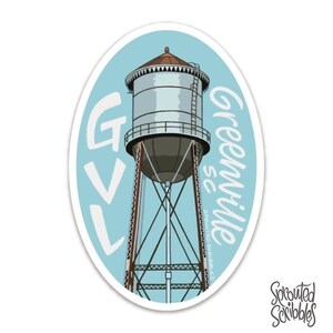 May include: A blue and white oval sticker featuring a water tower illustration and the text "Greenville, SC" and "GVL".