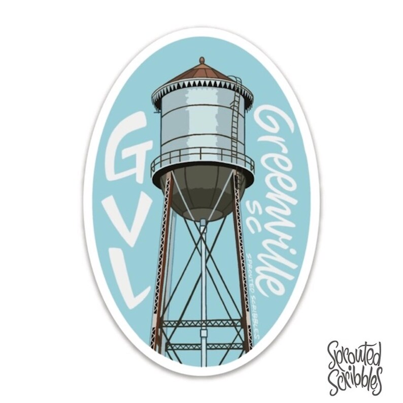 May include: A blue and white oval sticker featuring a water tower illustration and the text "Greenville, SC" and "GVL".